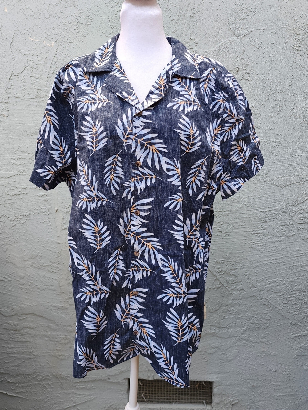 Hang Ten Resort Mens Palm Leaf Floral Hawaiian Button Up Shirt L 100% Cotton